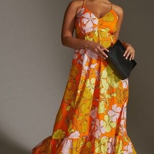 Anthropologie Orange and Pink Floral Maxi Dress